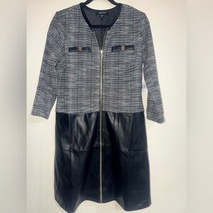 Ellen Tracy Women's Black and Gray  Tweed & Faux Leather Dress.